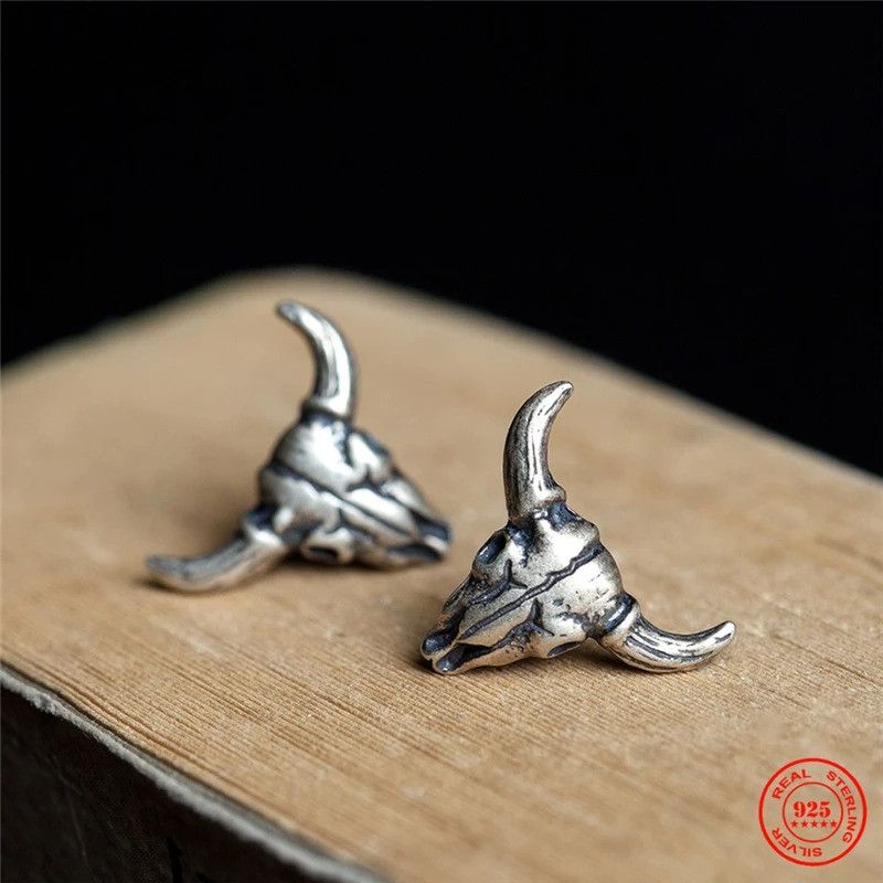 Jewelry Tiny Skull Bull Stud Earrings 925 Sterling Ear Charms Gift Size ONE SIZE - 2 Thumbnail