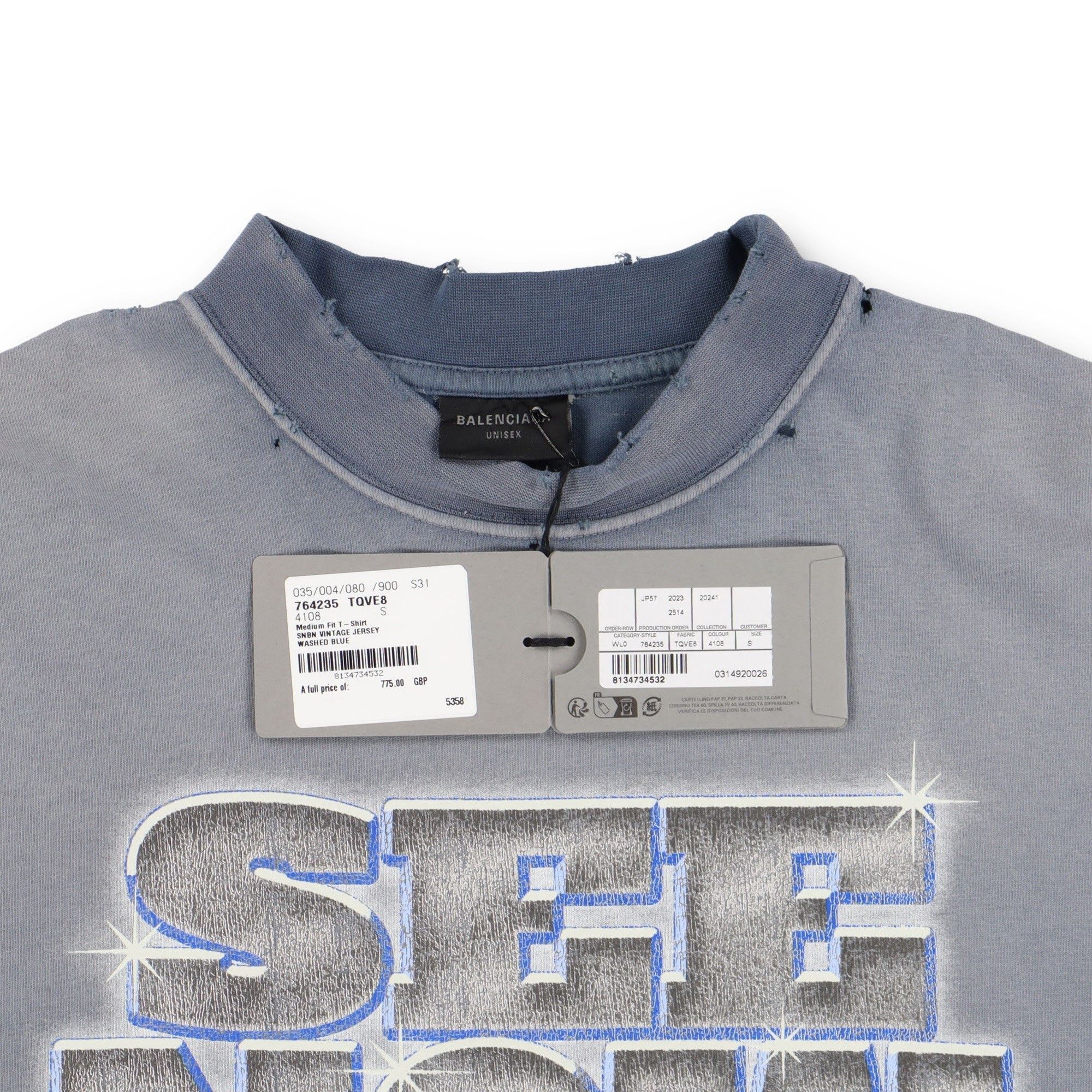 Balenciaga Washed Blue Distressed SNBN Logo Oversized T-Shirt Size US S / EU 44-46 / 1 - 7 Thumbnail
