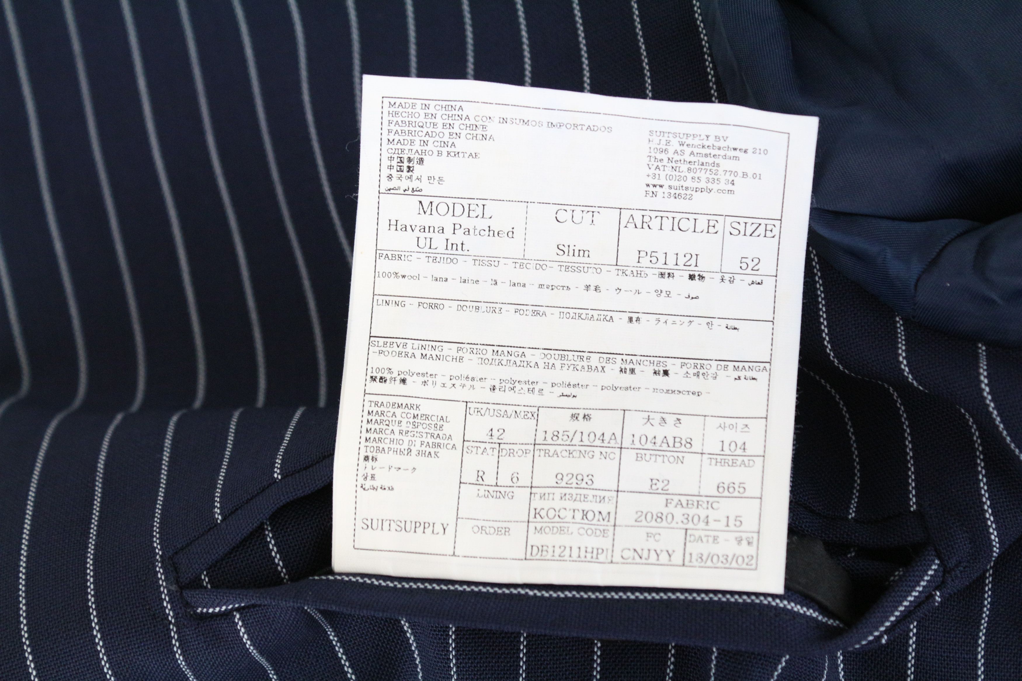 Suitsupply HAVANA TRAVELLER UK42R Blue Wool Slim Striped Blazer 61498 Size 42R - 6 Thumbnail