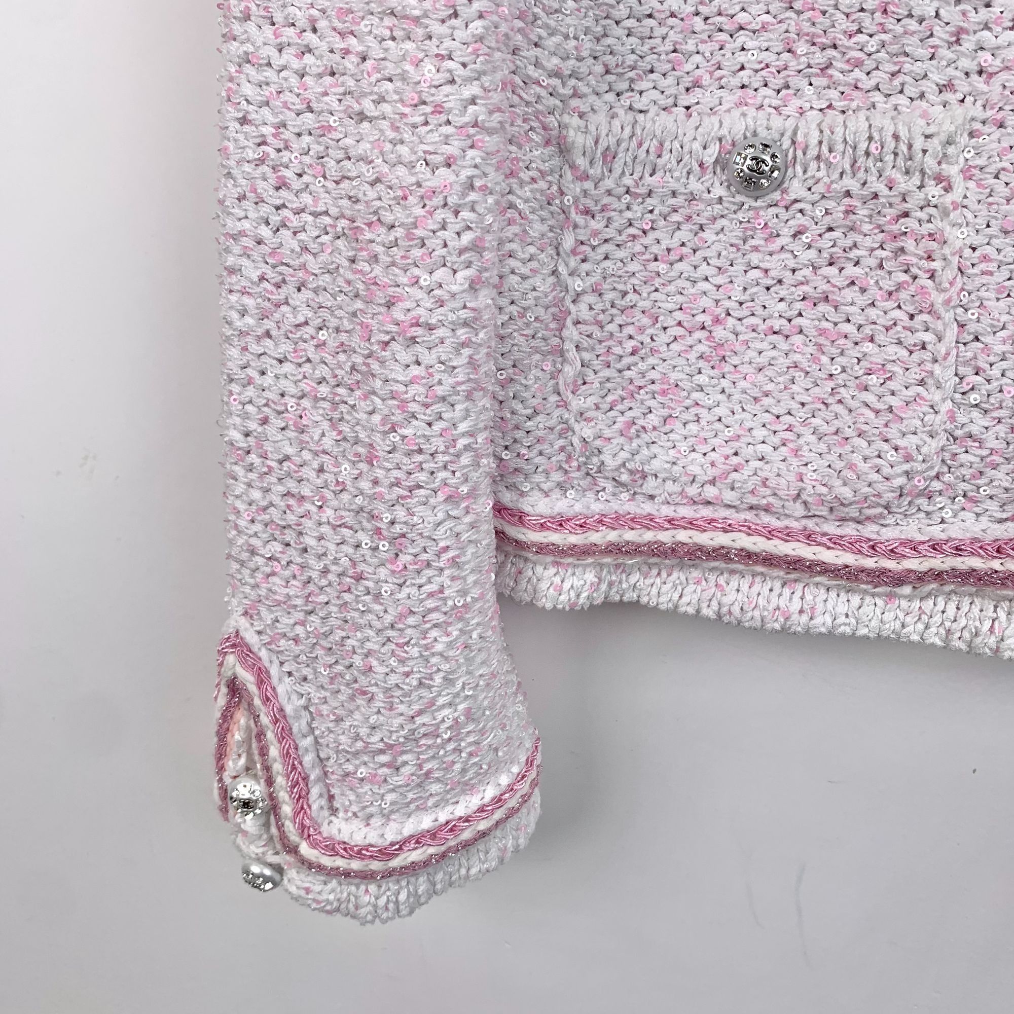 Chanel Chanel White & Pink Sequin-Embellished Knit Cardigan Jacket Size XS / US 0-2 / IT 36-38 - 4 Thumbnail