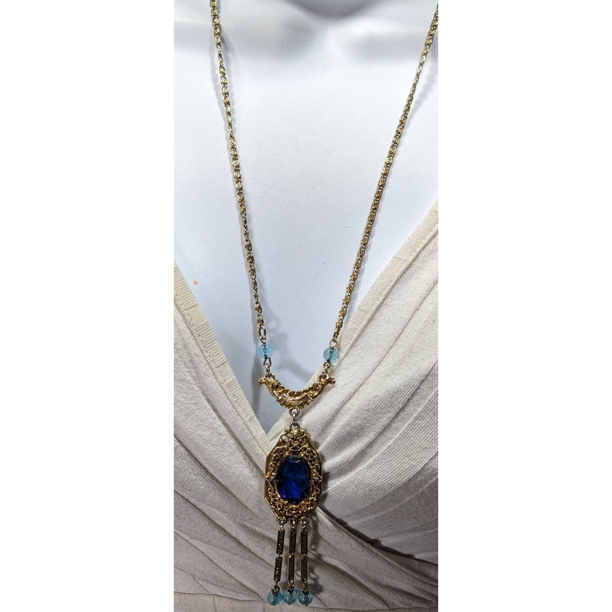 Other Antique Regal Flapper Style Gold-Tone Necklace With Blue Gl Size ONE SIZE - 6 Thumbnail
