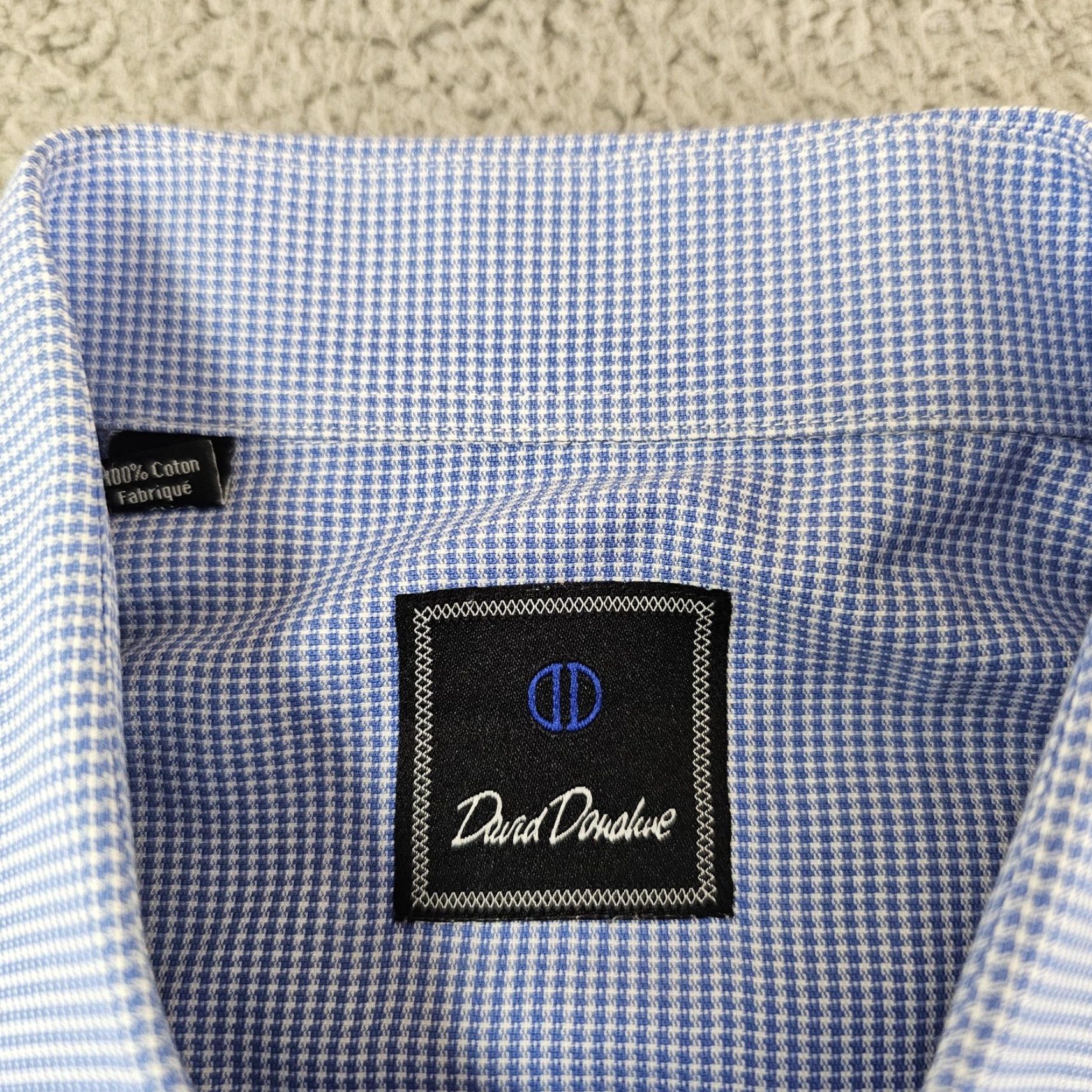 David Donahue David Donahue Shirt Mens 17.5 Blue Houndstooth Cotton Button Front Size 48R - 4 Thumbnail