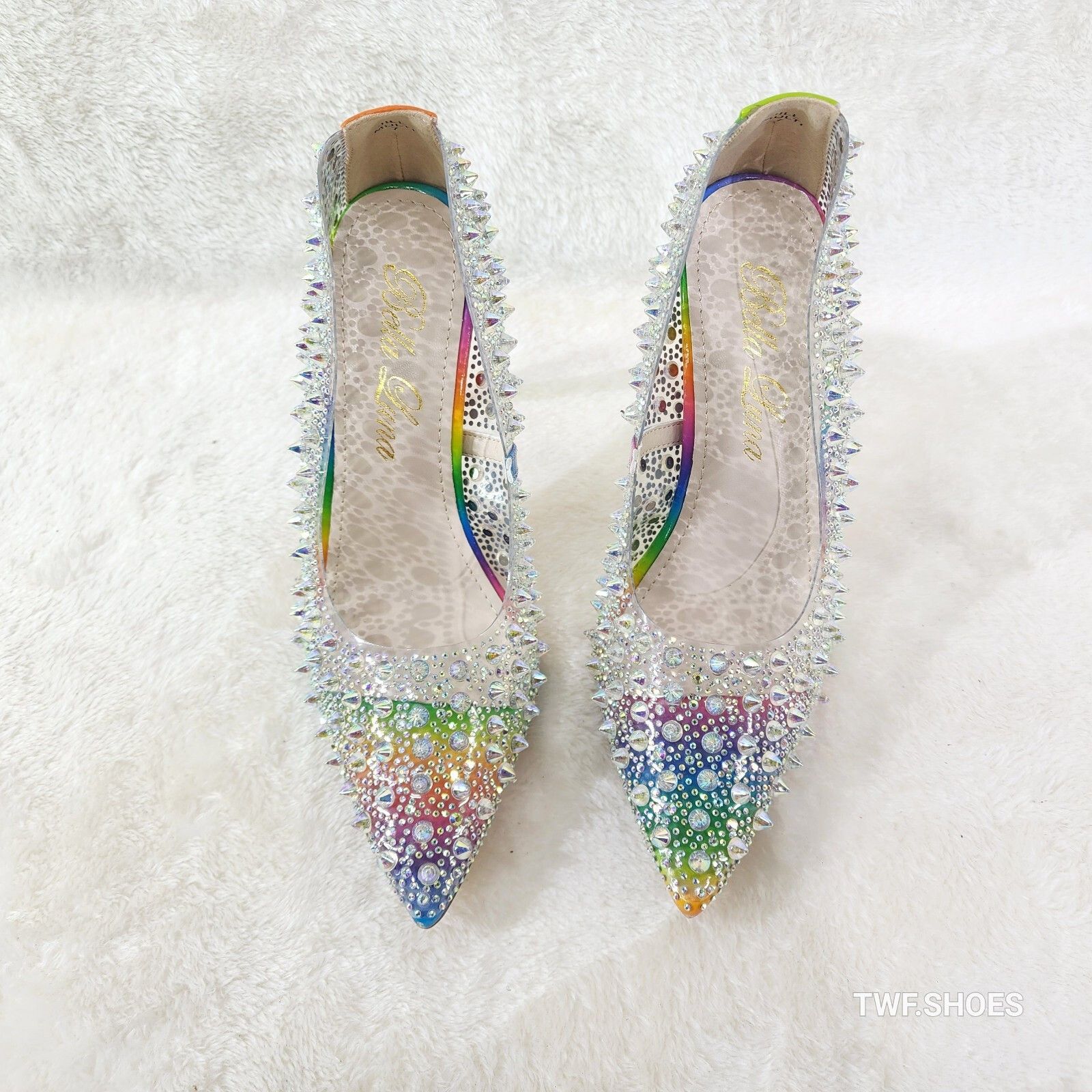 Spicy Stiletto PVC Clear Pumps Rainbow Studs & Rhinestone Pu