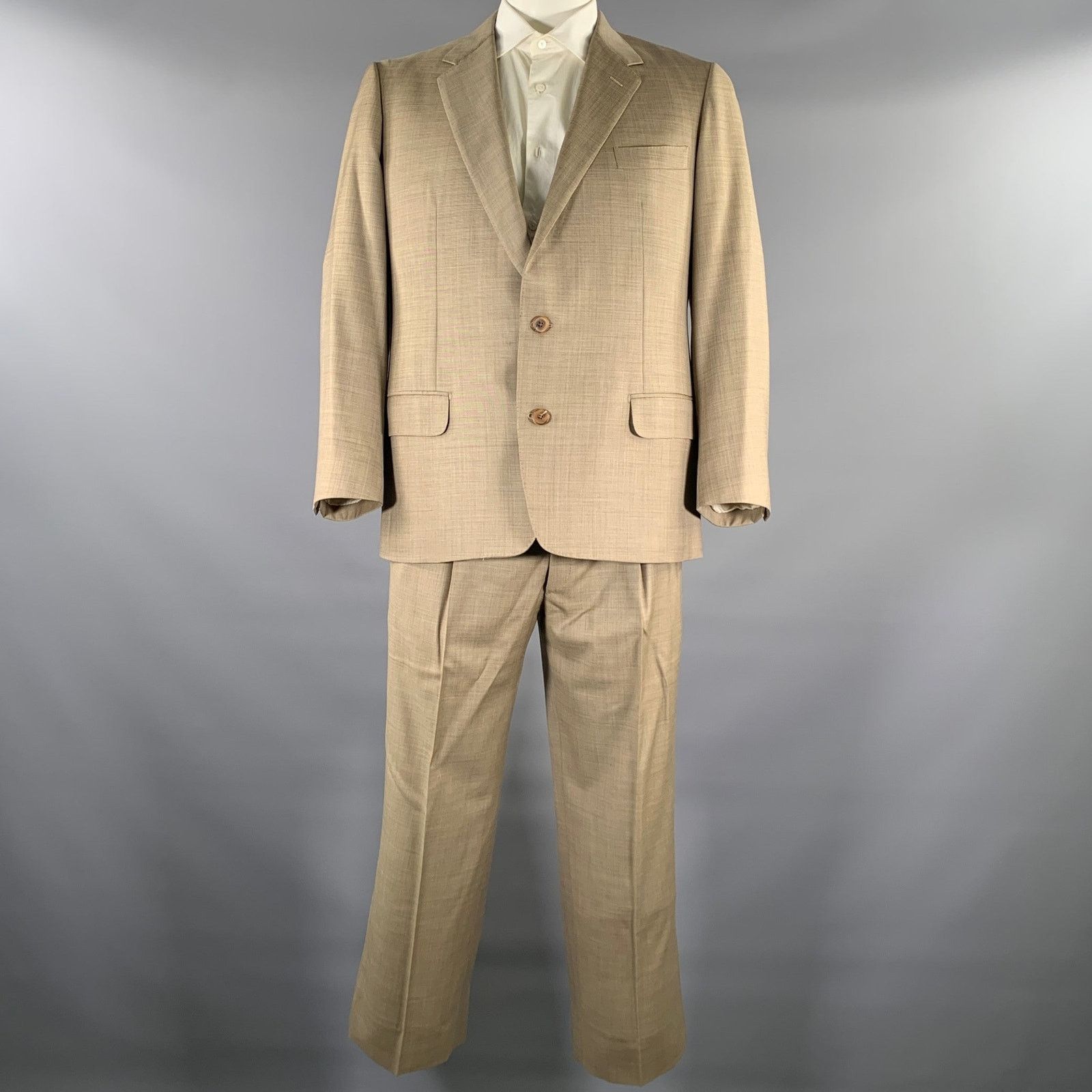 Belvest BELVEST Size 44 Khaki Brown Woven Wool Notch Lapel Suit Size 44R - 2 Thumbnail