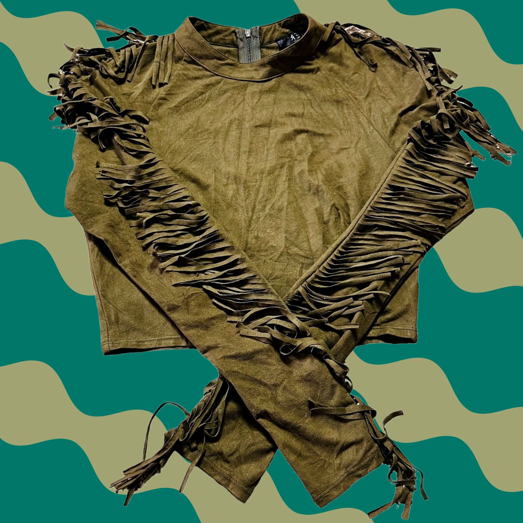 Vintage VINTAGE Army Green Fringe Longsleeve Blouse M Women's Zip Up Shirt 90s Retro Girls Size M / US 6-8 / IT 42-44 - 1 Thumbnail