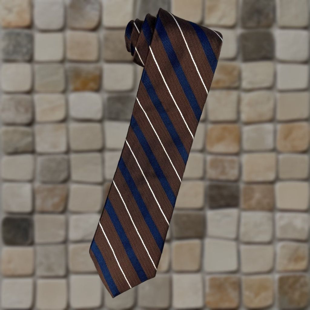 Vintage Hickey Freeman Men’s Luxury Silk Tie Hand Made in USA Fabric Woven in Italy Striped 100% Silk Brown 58" Length 3.5" Width Classic Tie Mens Size ONE SIZE - 1 Thumbnail