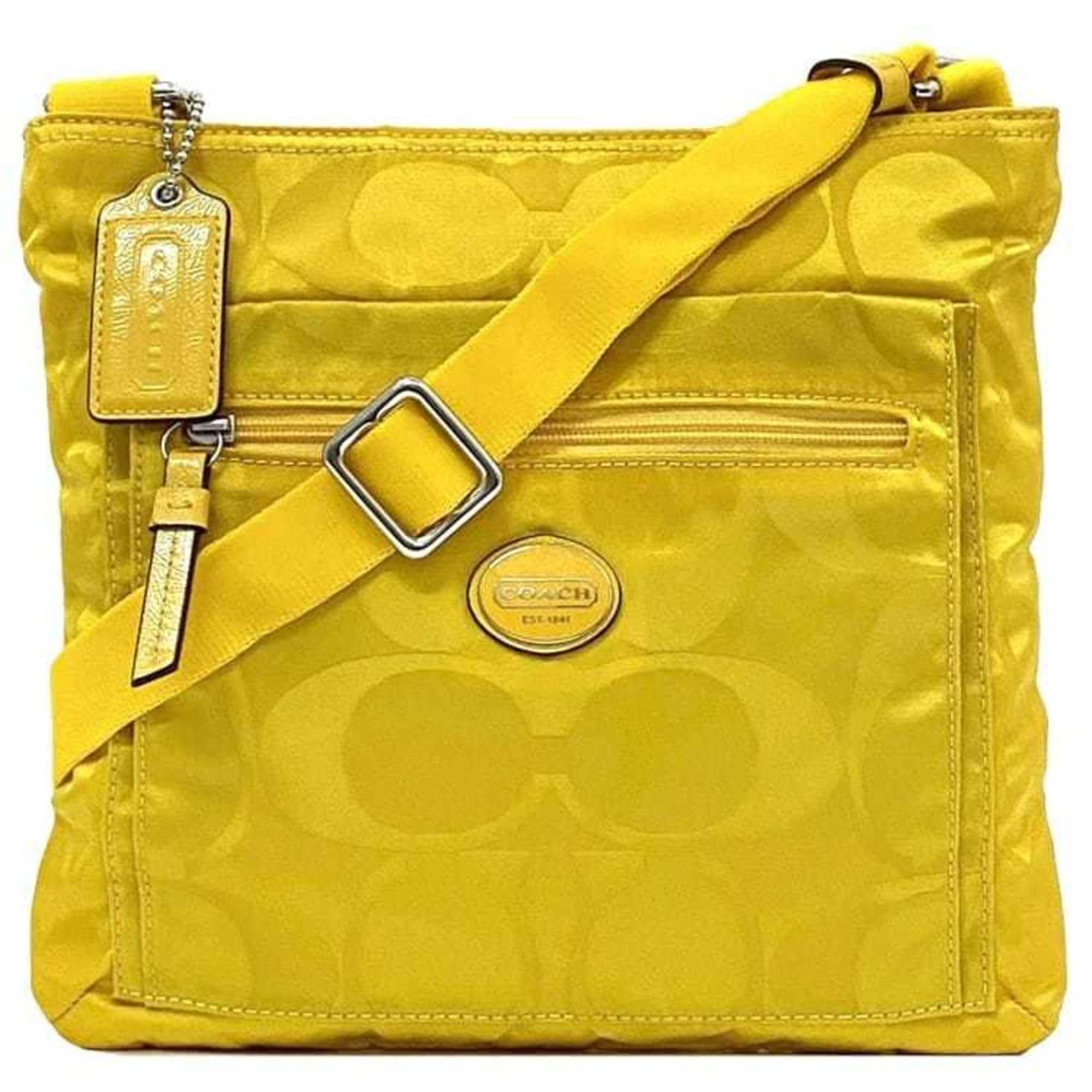 Coach Shoulder Bag Ec-21953 Yellow Signature F77408 Sacoche Nylon Leather Coach Crossbody Women's