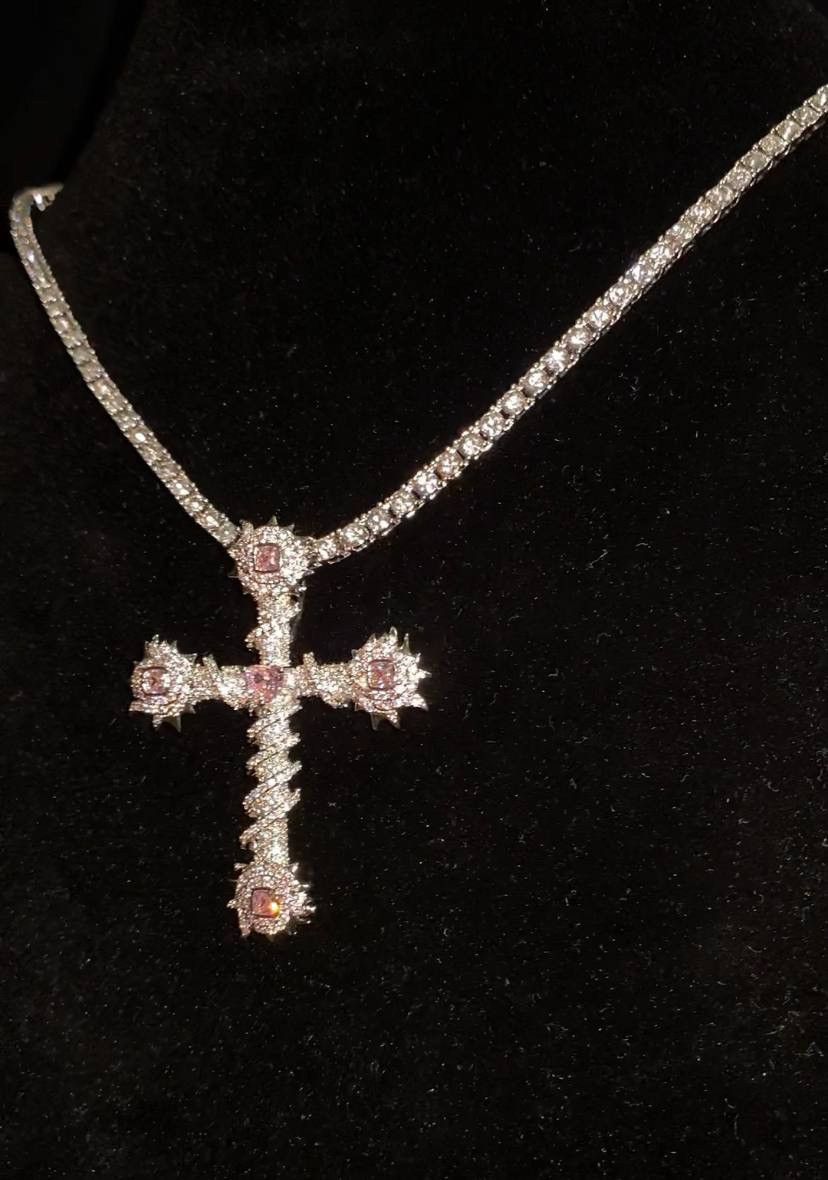Other Chain | Pendant Cross Tennis Chain Silver Pink 3mm 22” Size ONE SIZE - 2 Thumbnail