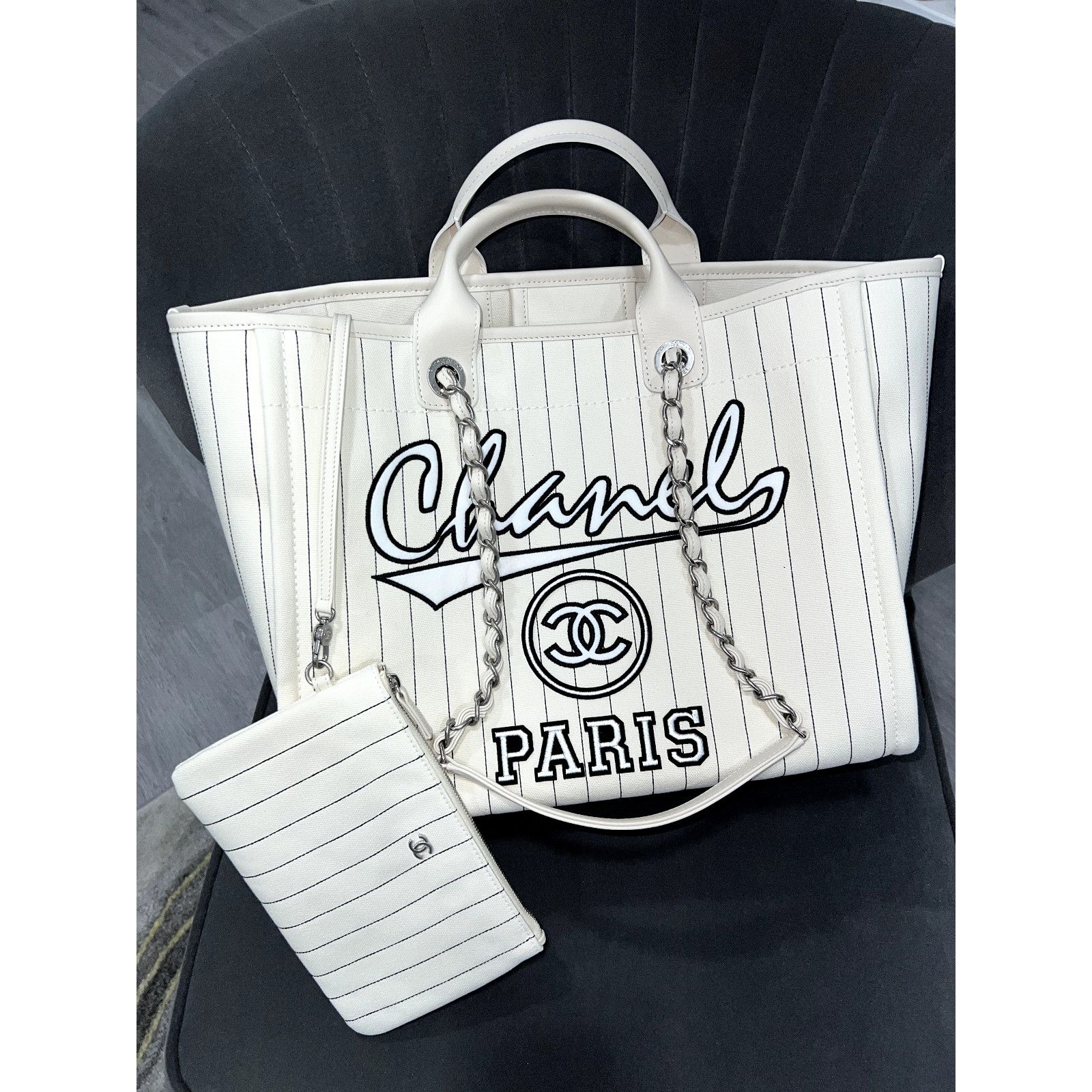 Chanel Chanel Deauville Ecru Stripe Large Shopping 30cm Tote Bag Size ONE SIZE - 3 Thumbnail