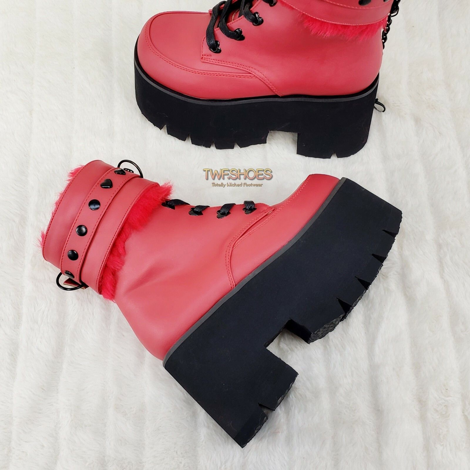 Other Ashes 57 RED Heart Studs 3.5" Platform Goth Boots Fur Lined Size US 6 / IT 36 - 4 Thumbnail