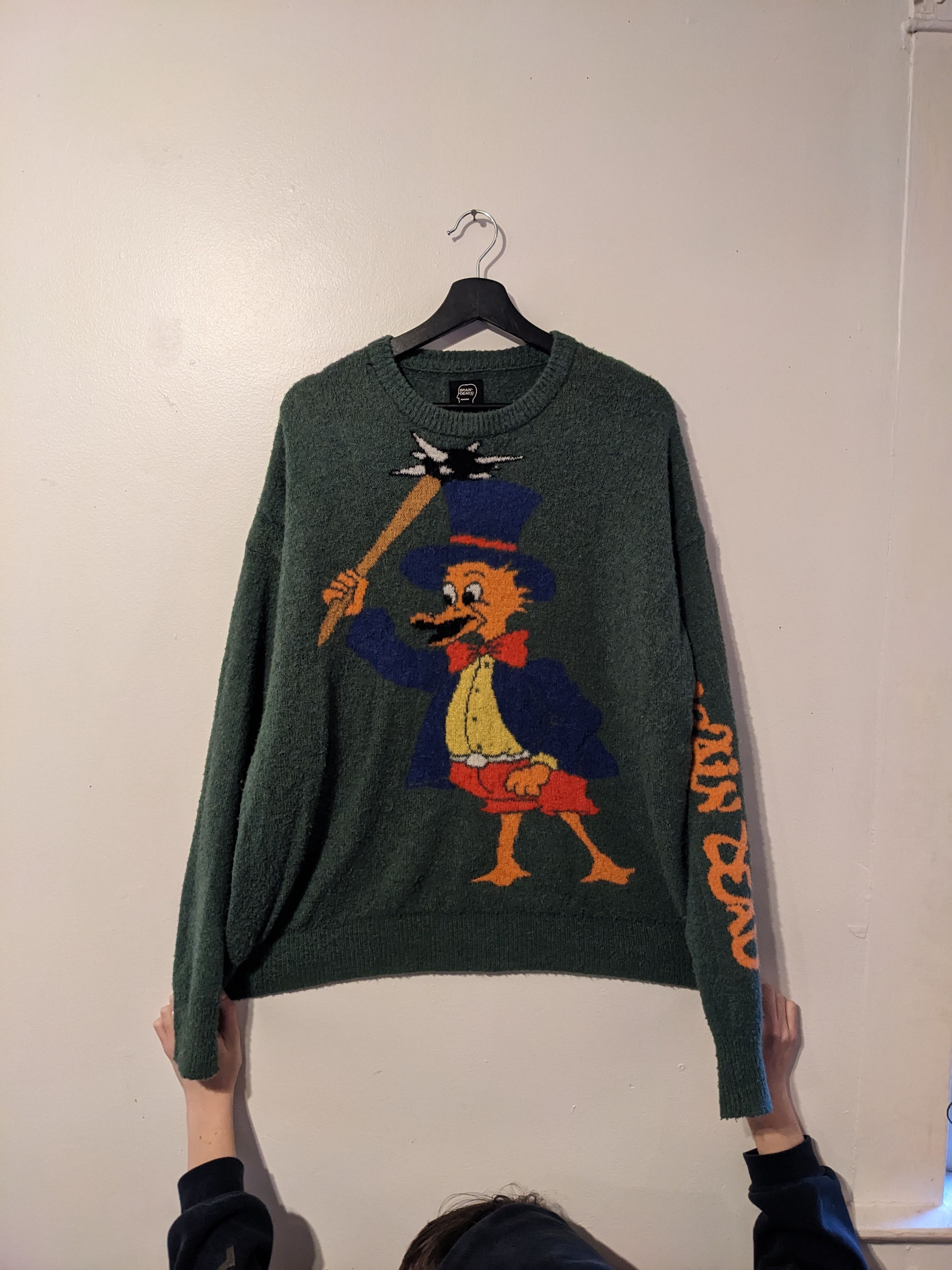 image of Brain Dead Duck Novelty Knit Sweater Cartoon in Green, Men's (Size Large)