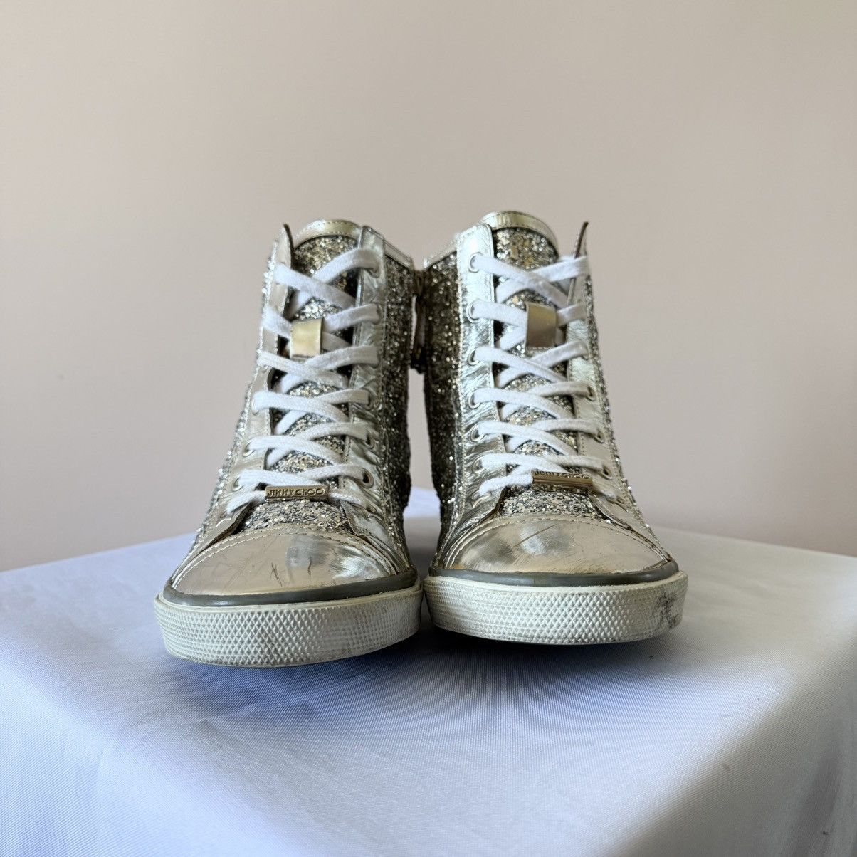 Jimmy Choo Jimmy Choo Silver Glitter High Top Sneakers Shoes Size US 7.5 / IT 37.5 - 2 Thumbnail