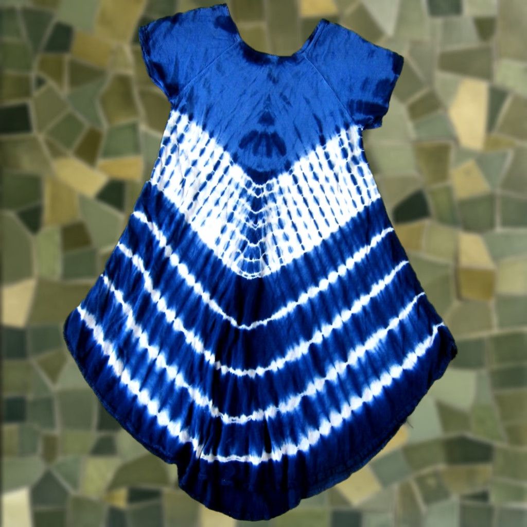 Vintage VTG Pineapple Rayon Blue White Tie Dye Short Sleeve Tunic Shift Smock Dress S-M Size 28" / US 6 / IT 42 - 1 Thumbnail