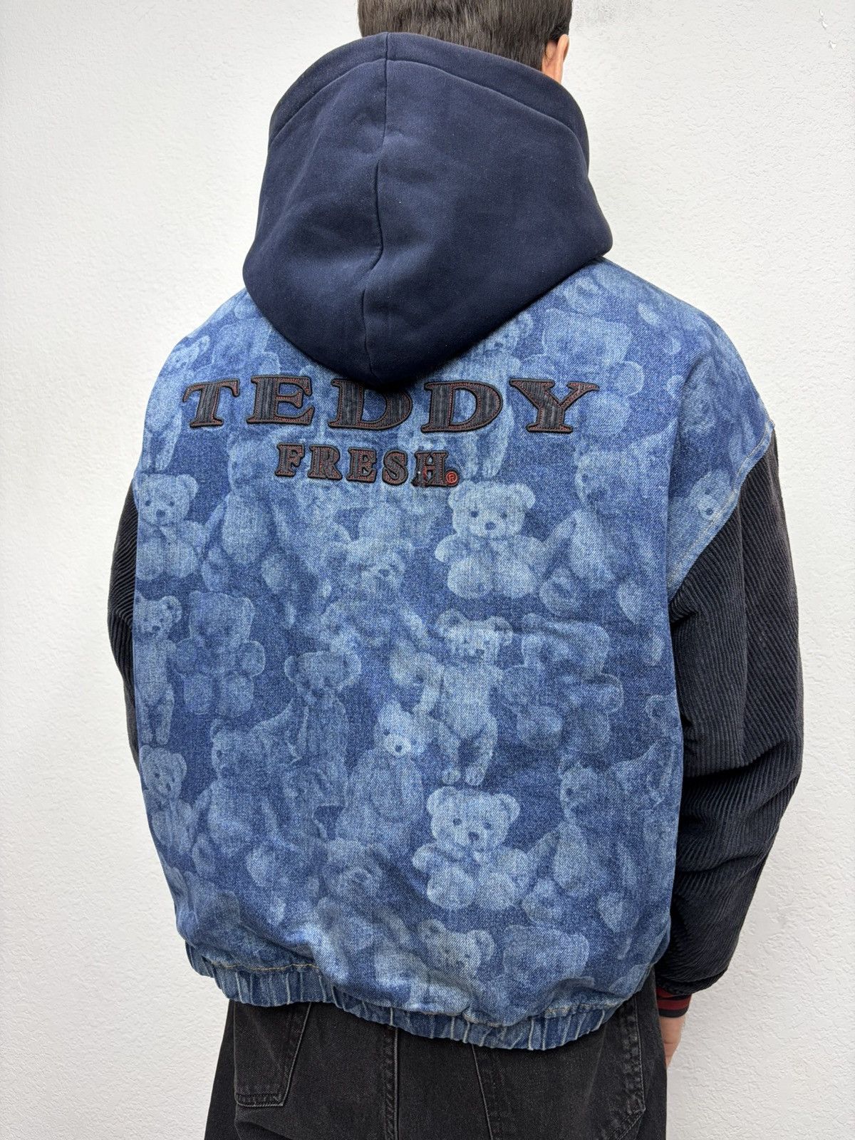 Teddy Fresh Teddy Fresh Denim Varsity Jacket Hybrid All-Over Bear Print Size US L / EU 52-54 / 3 - 6 Thumbnail