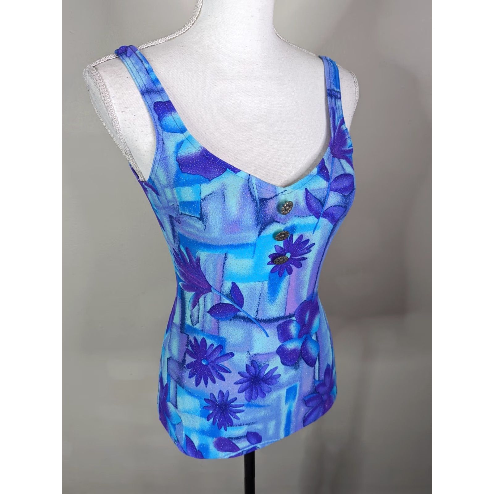 Vintage VINTAGE 90s Floral One Piece Swimsuit S Blue Women's Beach Neon Size ONE SIZE - 2 Thumbnail