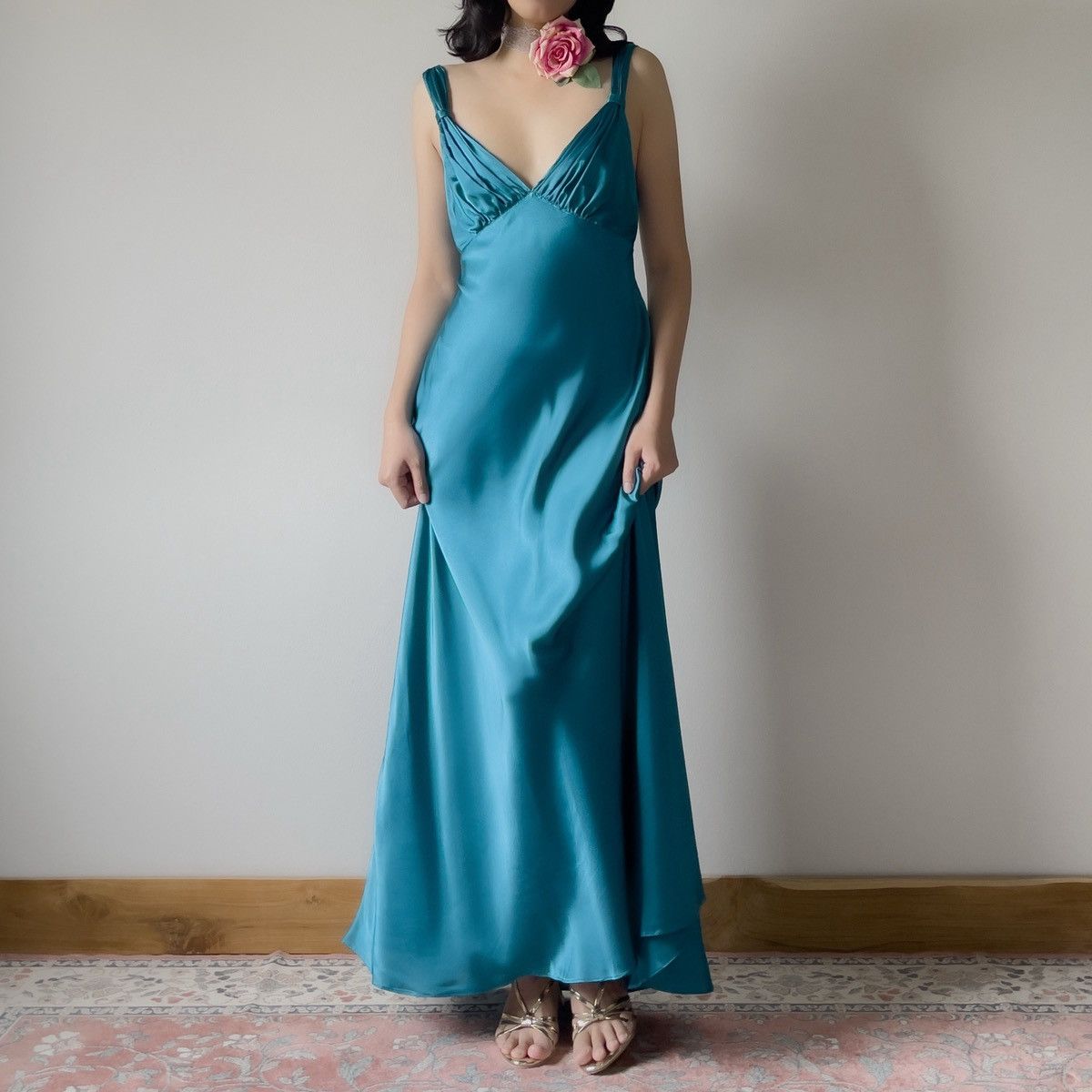 Vintage Vintage Jonquil Teal Satin Slip Gown (M–L) Size L / US 10 / IT 46 - 4 Thumbnail