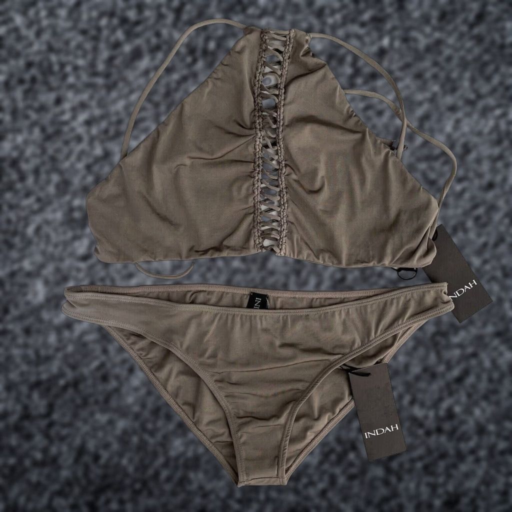 Vintage INDAH Lynx Macrame Halter Bikini Top & Vic Bottom Taupe Set L Women Gray Revolve Size L / US 10 / IT 46 - 1 Thumbnail