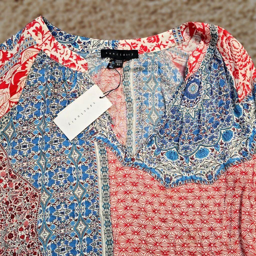 Sanctuary Sanctuary Dress Womens XL Blue Red Patchwork V Neck Boho Hippie Shirt Dress Womens XL Red Size XL / US 12-14 / IT 48-50 - 1 Thumbnail