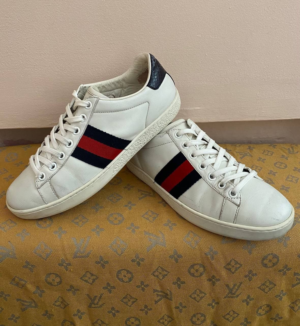 Designer × Gucci 🇮🇹Gucci Ace Sneakers Og Blue Web White Leather Shoes Monogram Size US 6 / IT 36 - 1 Thumbnail
