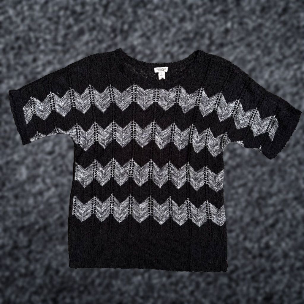 Vintage Chicos Open Knit Sweater Womens Chevron Black Gray Textured Oversized Boxy Goth Shirt Pullover Knit Open-Knit M Black Womens 1990s Size M / US 6-8 / IT 42-44 - 1 Thumbnail