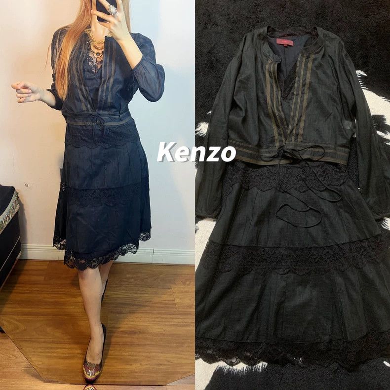 KENZO 90s lace patchwork cotton linen set skirt