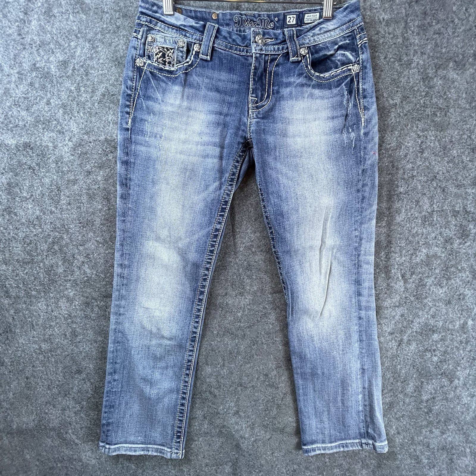Miss Me Miss Me Jeans Women 27 Mid Easy Cropped Flap Rhinestones Y2K Size 27" / US 4 / IT 40 - 3 Thumbnail