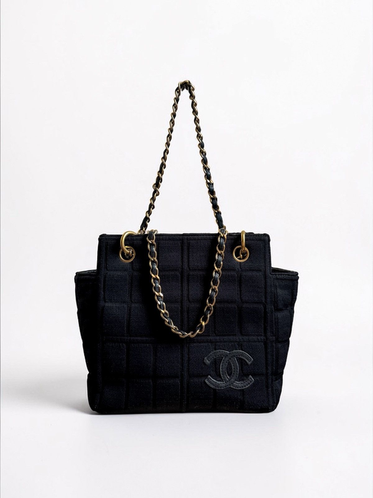 Chanel Chanel Vintage Chocobar Black Jersey Tote with chain straps Size ONE SIZE - 1 Thumbnail