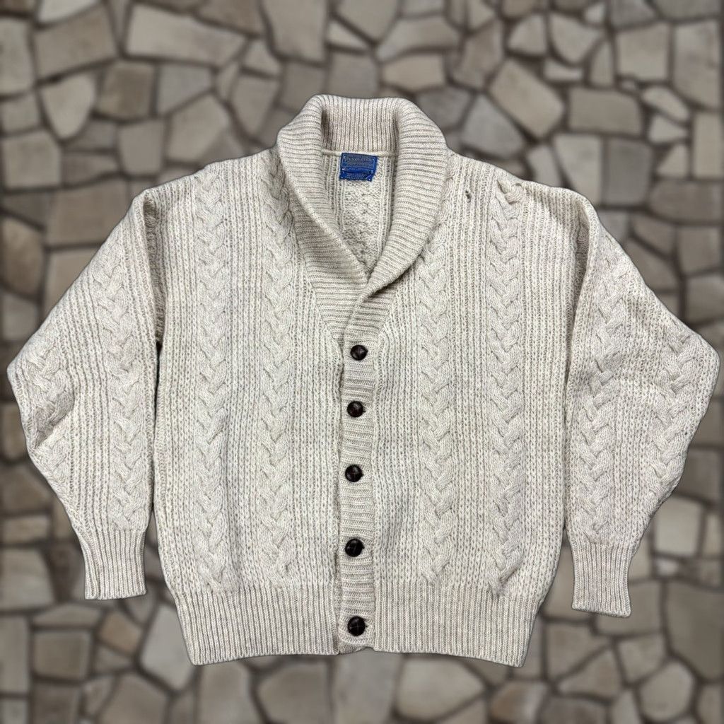 Pendleton VINTAGE PENDLETON SHAWL COLLAR CABLE KNIT CARDIGAN Wool Beige 80s Mens L Size US L / EU 52-54 / 3 - 1 Thumbnail