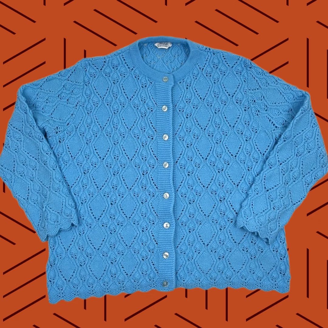 Vintage VINTAGE Wintuk Cardigan Sweater Womens XL Blue Pointelle Knit Scallop Acrylic Cardigan Women Regular Knit Sleeves Solid Pattern Size XL / US 12-14 / IT 48-50 - 1 Thumbnail