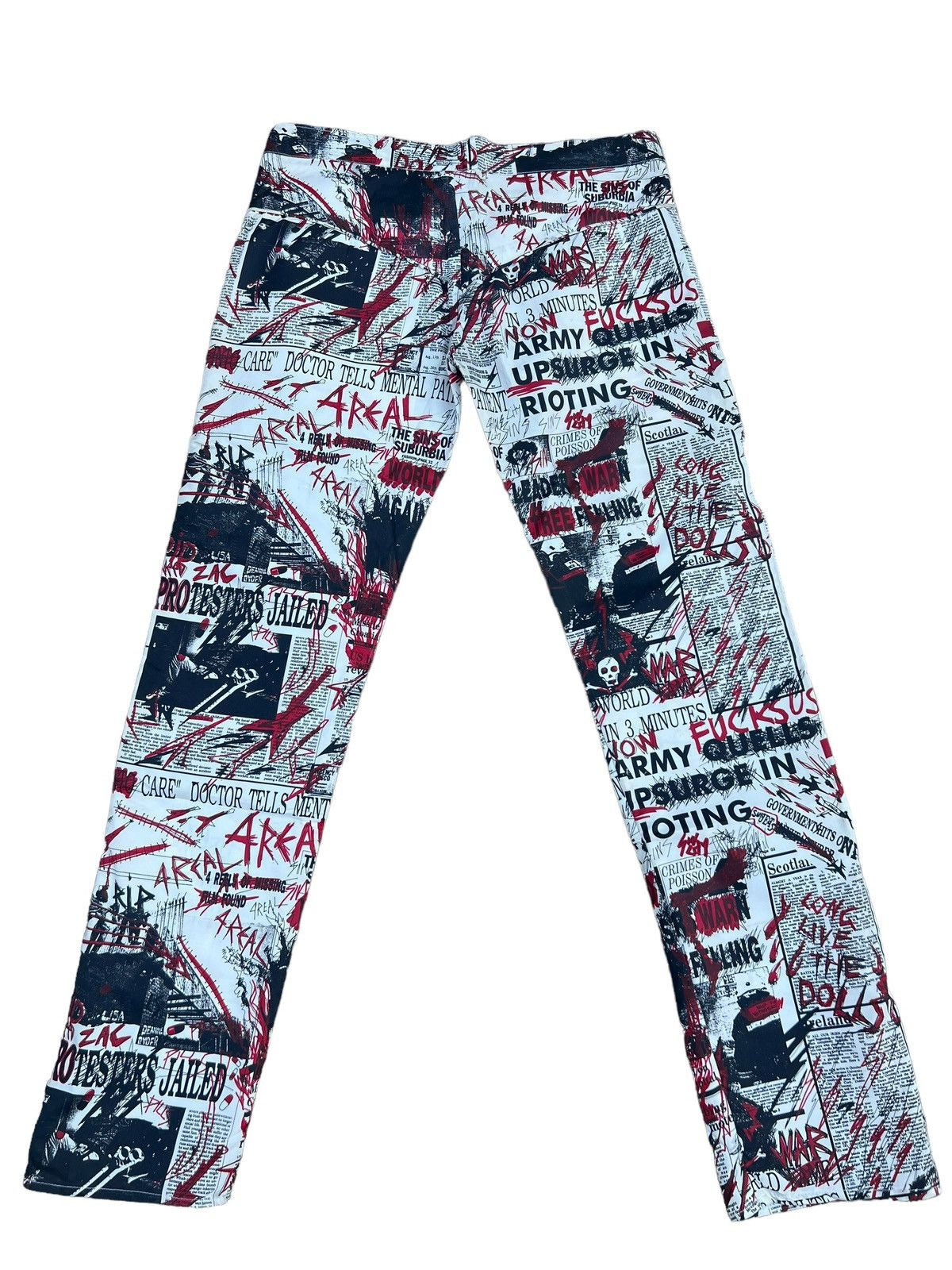 Vintage VTG 90s RED OR DEAD Psychotic Newspaper Waxed Trouser Pant Size US 29 - 2 Thumbnail