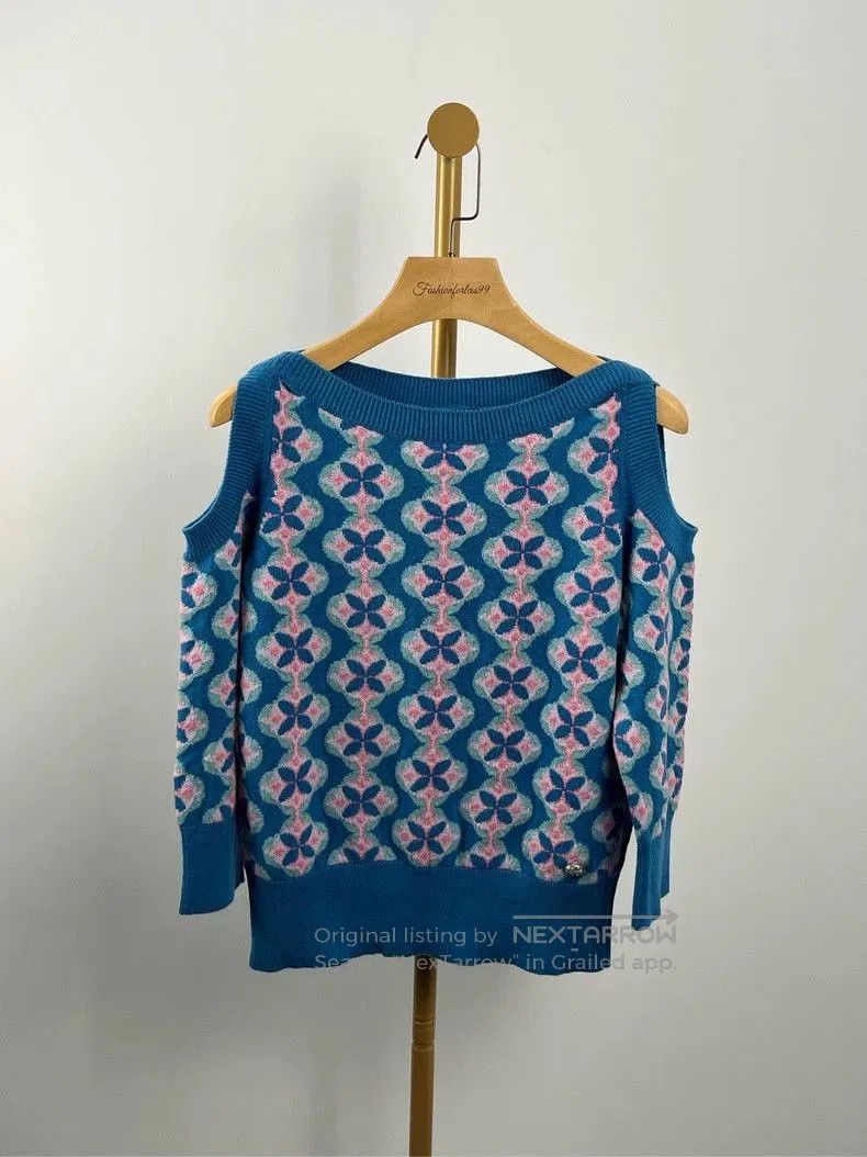 Chanel Blue Floral Open Shoulder Knit Top .