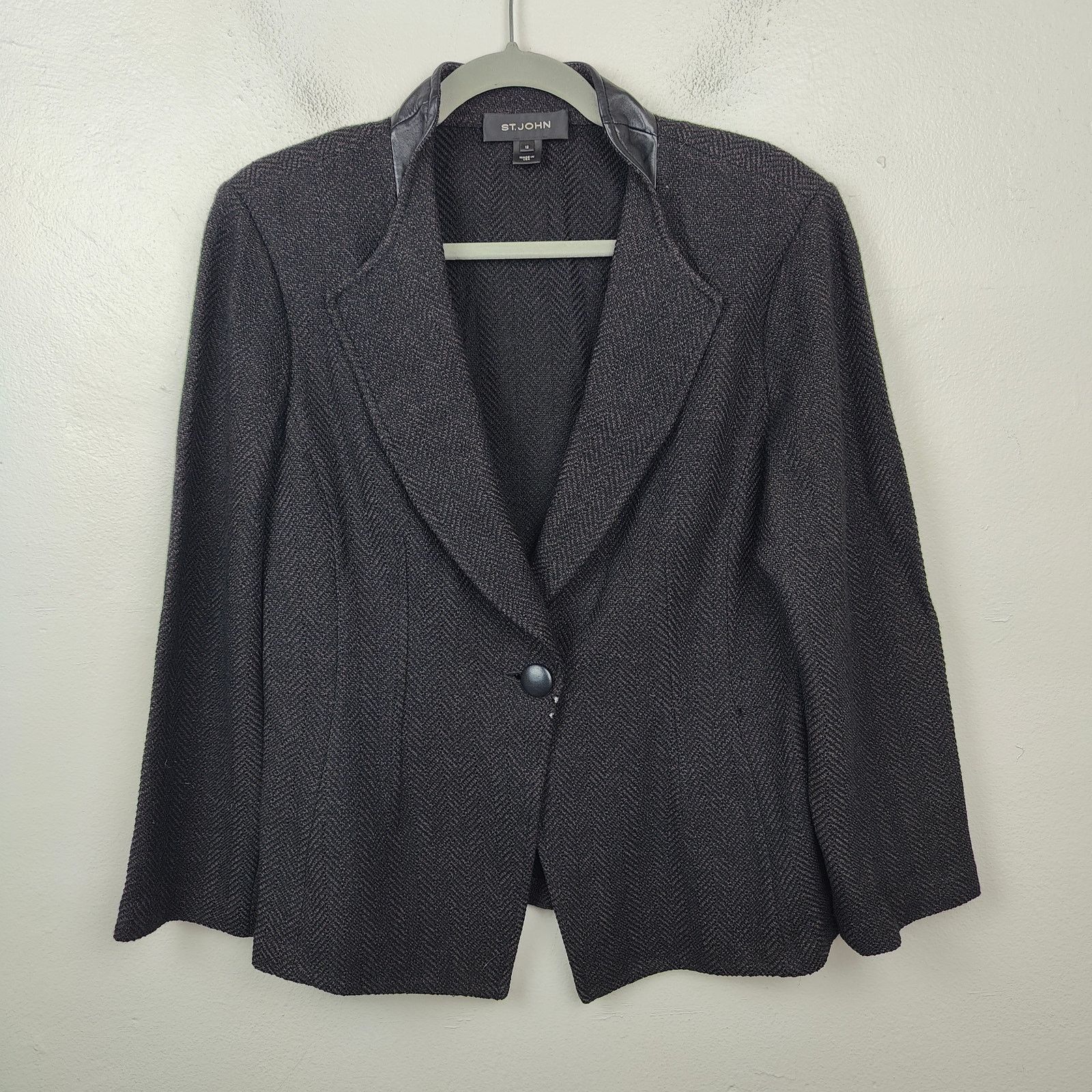 Other St John Knit Blazer Size 12 Black Herringbone Leather Trim Size XL / US 12-14 / IT 48-50 - 1 Thumbnail
