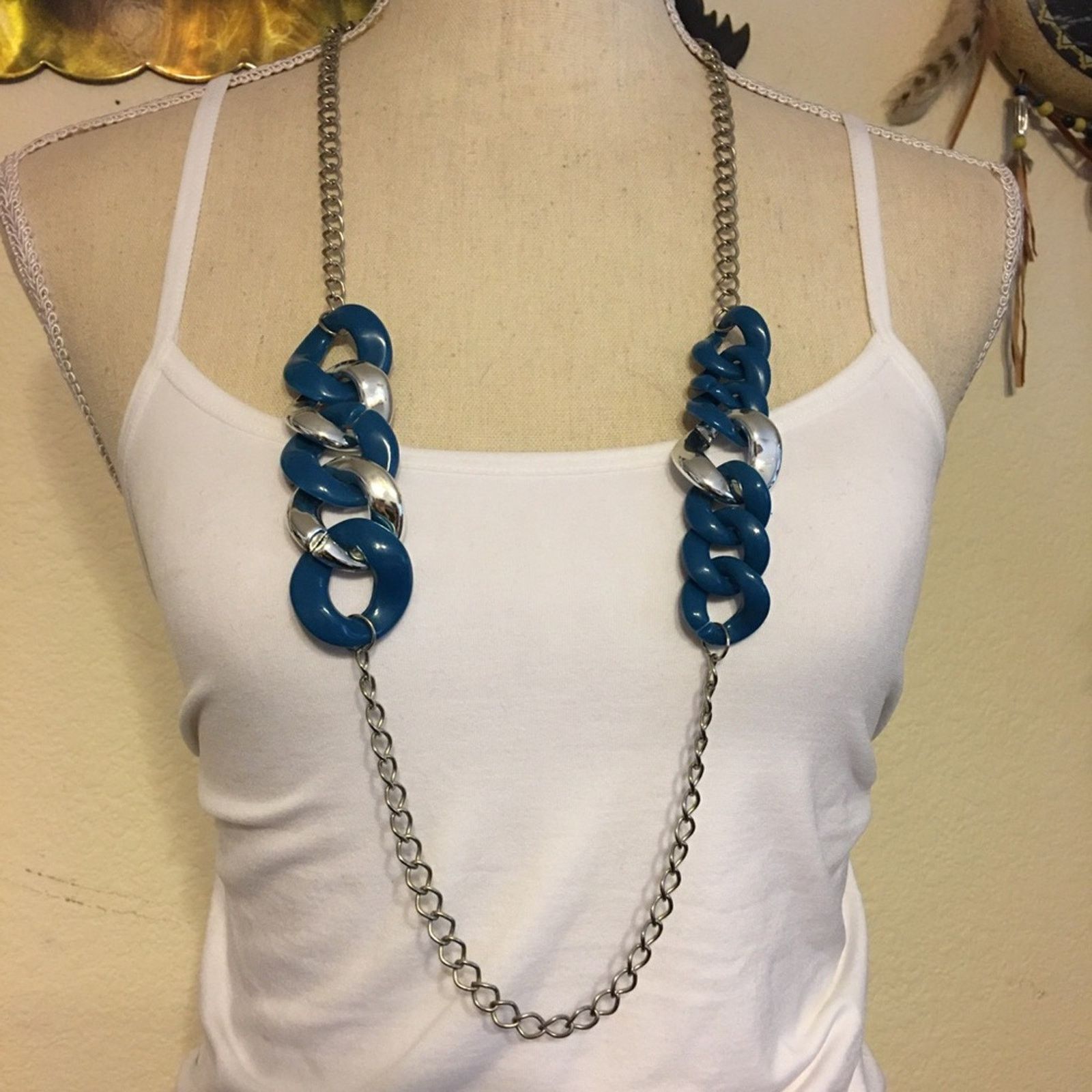 Jewelry Blue and silver large chain link long necklace Size ONE SIZE - 1 Thumbnail