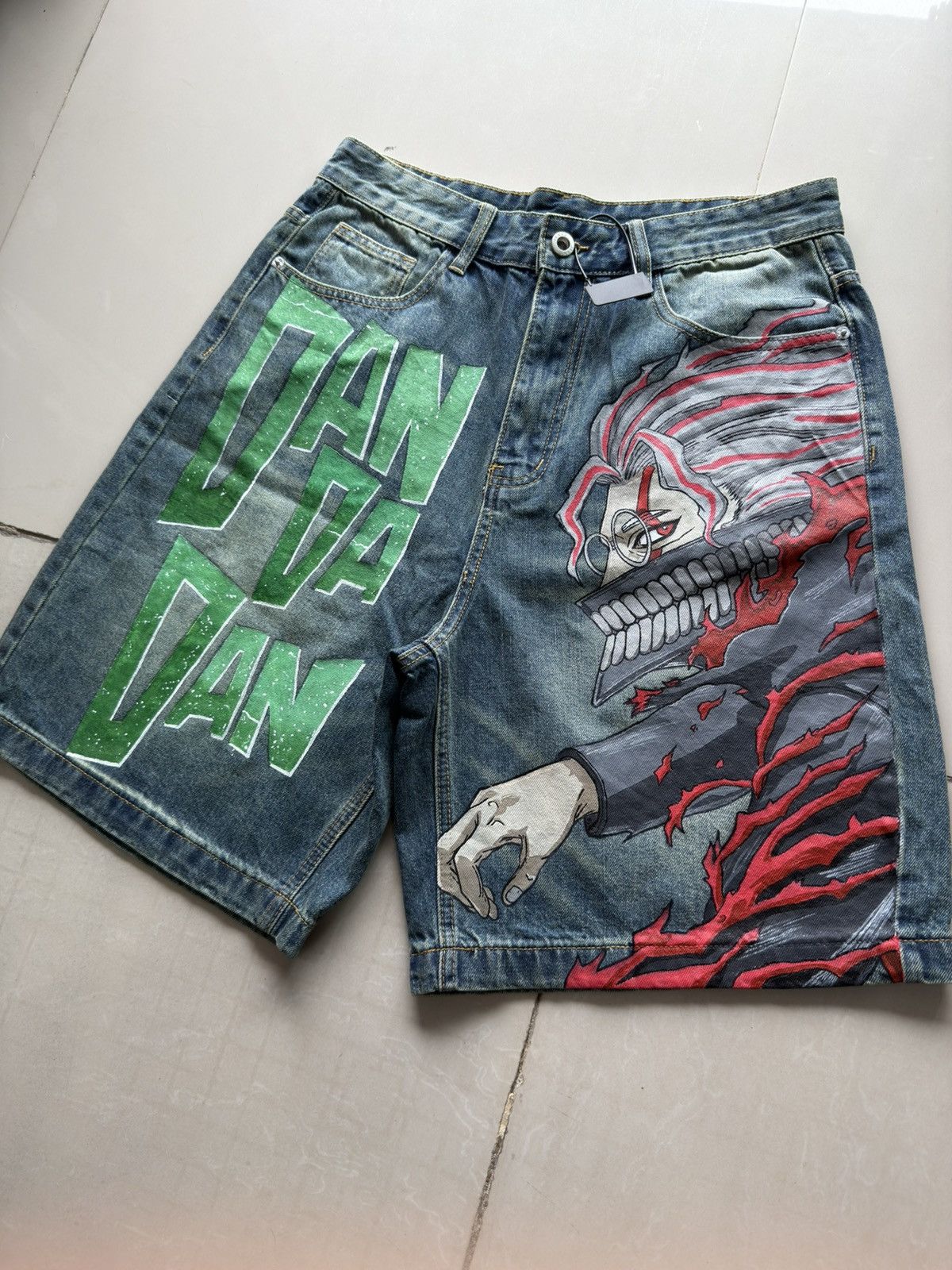 Anime Dan Da Dan custom hand painted jorts Size US 31 - 4 Thumbnail