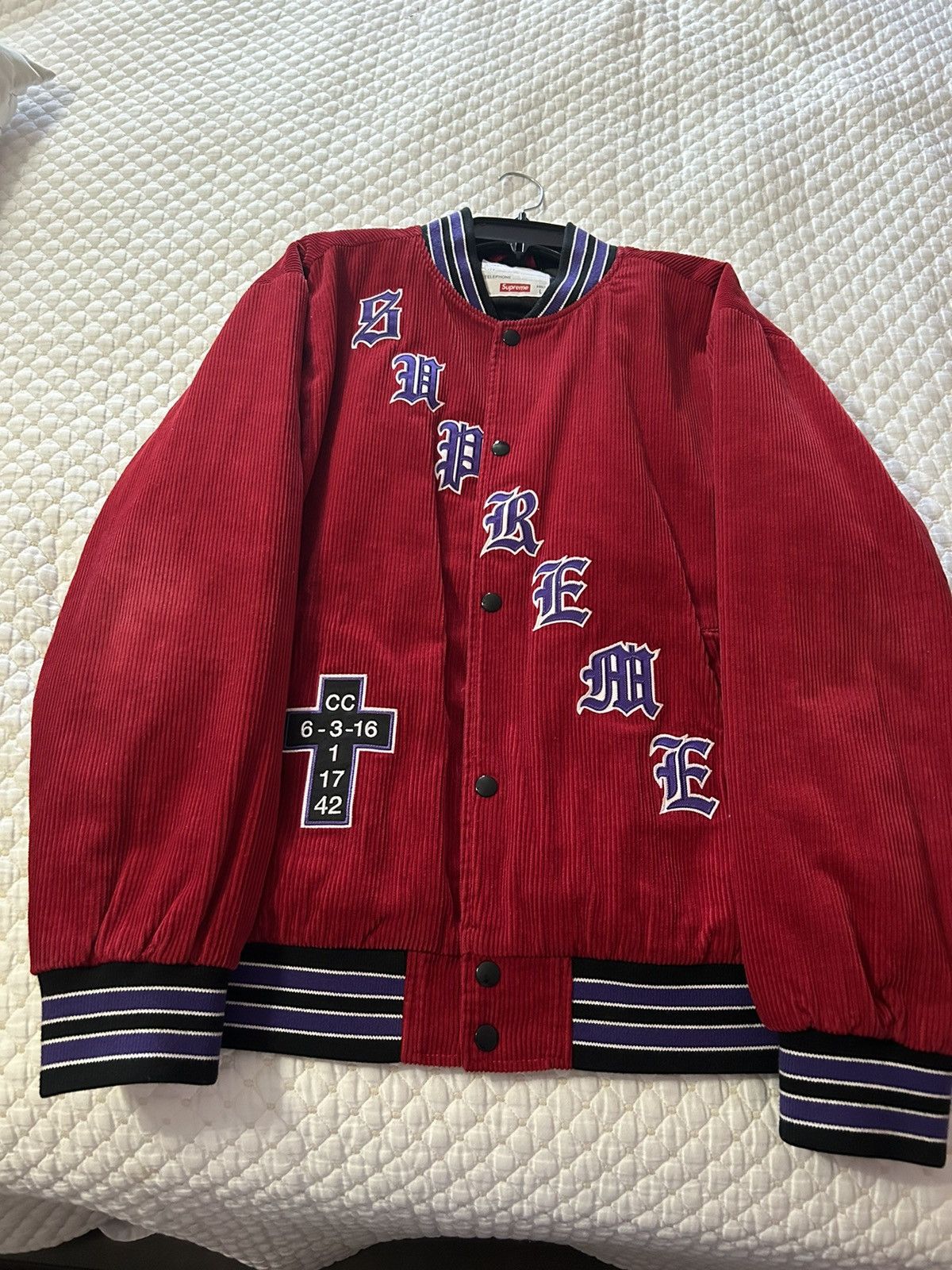 Supreme Old English Corduroy Varsity Jacket Red Outerwear