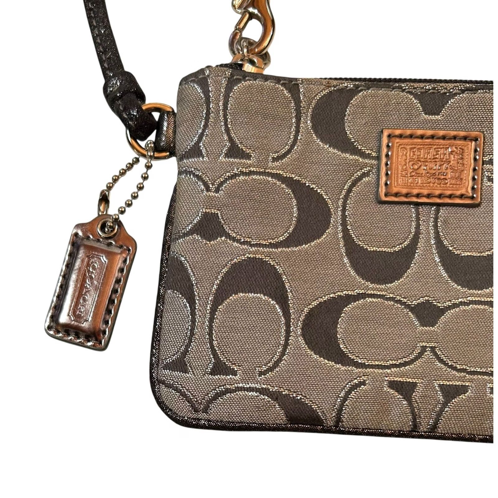 Coach Coach Poppy Gray Logo Signature & Metallic Silver Leather Wristlet Wallet Women Size ONE SIZE - 4 Thumbnail