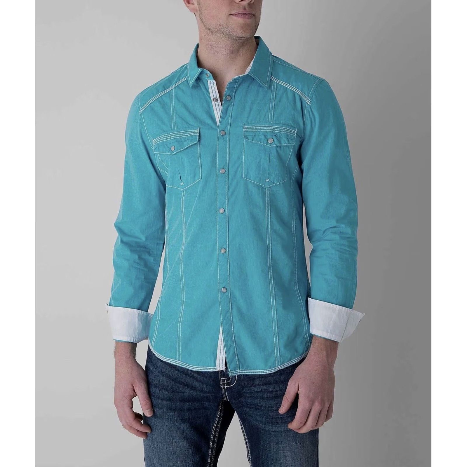 Vintage Buckle BKE Shirt Men Turquoise White Houston Striped Athletic Fit Pearl Snap 2XL Long Sleeve Jeans Cowboy Ranch Western Shirt Size US XXL / EU 58 / 5 - 4 Thumbnail