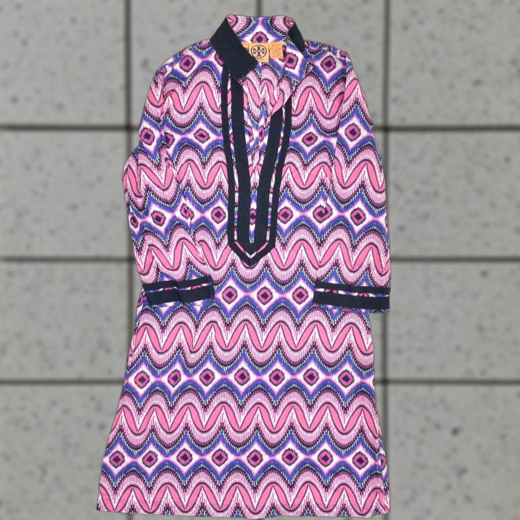 Tory Burch Women Shift Dress V Neck Geometric 3/4 Sleeve Cotton Pink Size 8