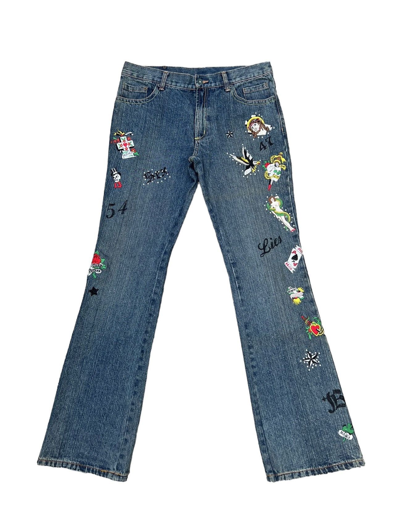 Vintage Semantic Design Japan Embroidery Denim Flare Jeans Size US 31 - 1 Thumbnail