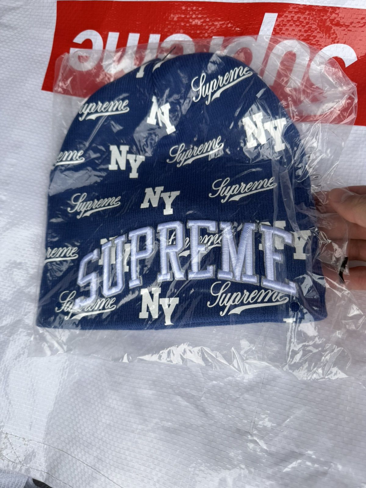 New Era × Supreme Supreme New Era Script Beanie Navy Blue | Grailed