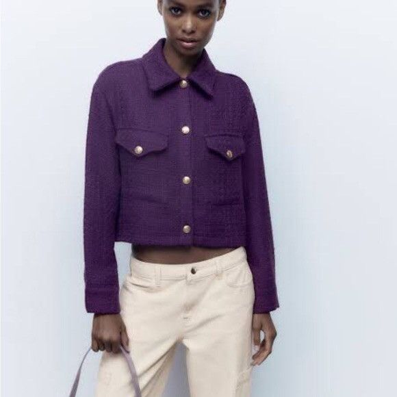 Zara Zara Cropped Tweed Purple Jacket Size S / US 4 / IT 40 - 2 Thumbnail
