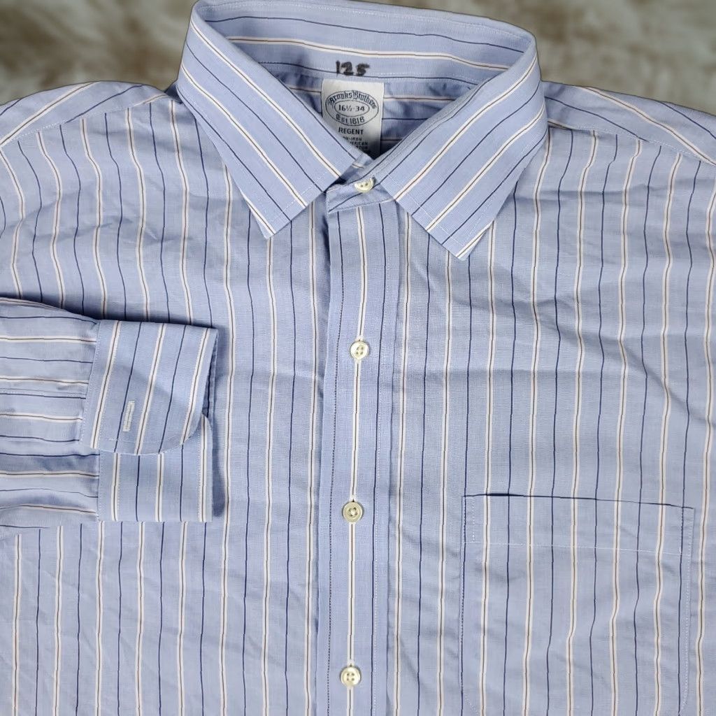 Brooks Brothers Brooks Brothers Dress Shirt Mens 16.5 Blue Striped Long Sleeve Button-Up Regular Fit Size 42R - 1 Thumbnail