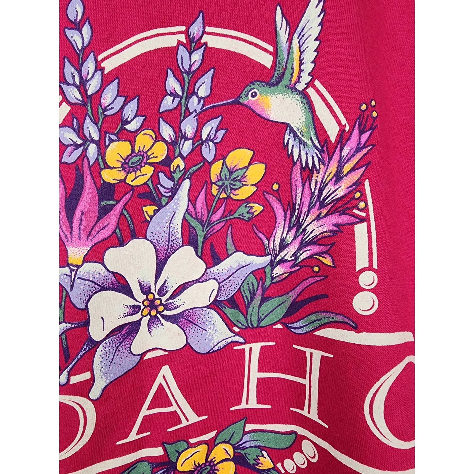 Jerzees × Vintage 90s Idaho Floral Bird Graphic Tee Vibrant Pink Cotton Top Size M / US 6-8 / IT 42-44 - 3 Thumbnail