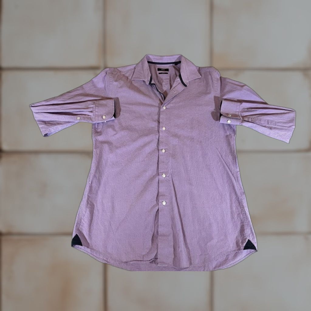 Hugo Boss HUGO BOSS Dress Shirt Mens Large Purple Slim Check 100% Cotton Long Sleeve Button Front Size 46R - 1 Thumbnail