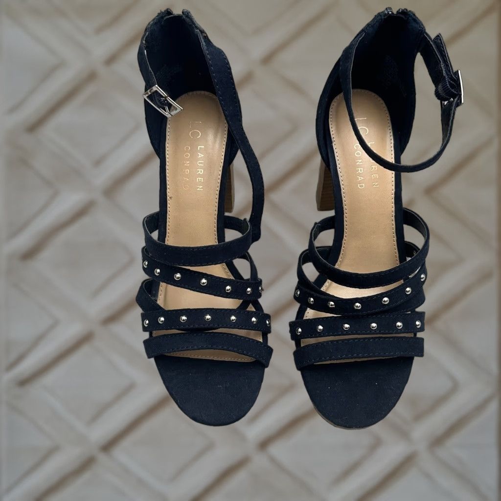 Vintage Lc Laurent Conrad Torte Strappy Sandals Womens 7.5 Black Block Heel Shoes Almond Toe