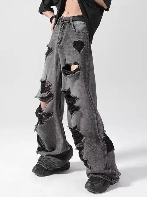 VIBE Retro street design with holes and old washed loose jeans Size US 30 / EU 46 - 5 Thumbnail