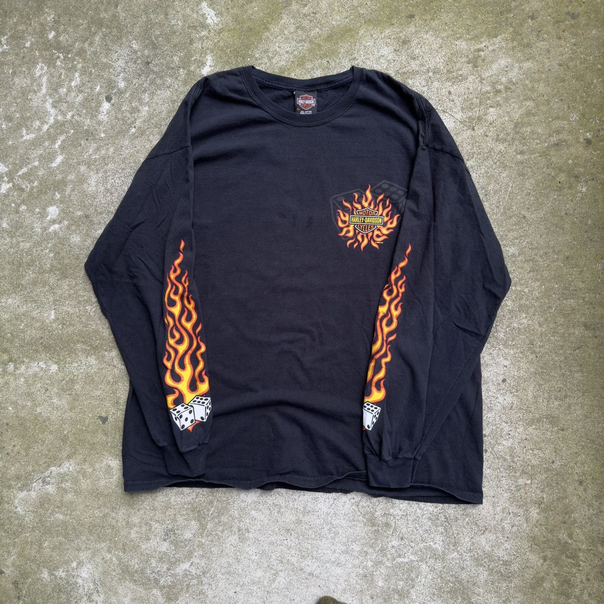 image of 2000S Harley Davidson Dice Flames Longsleeve Tee in Black, Men's (Size 2XL)