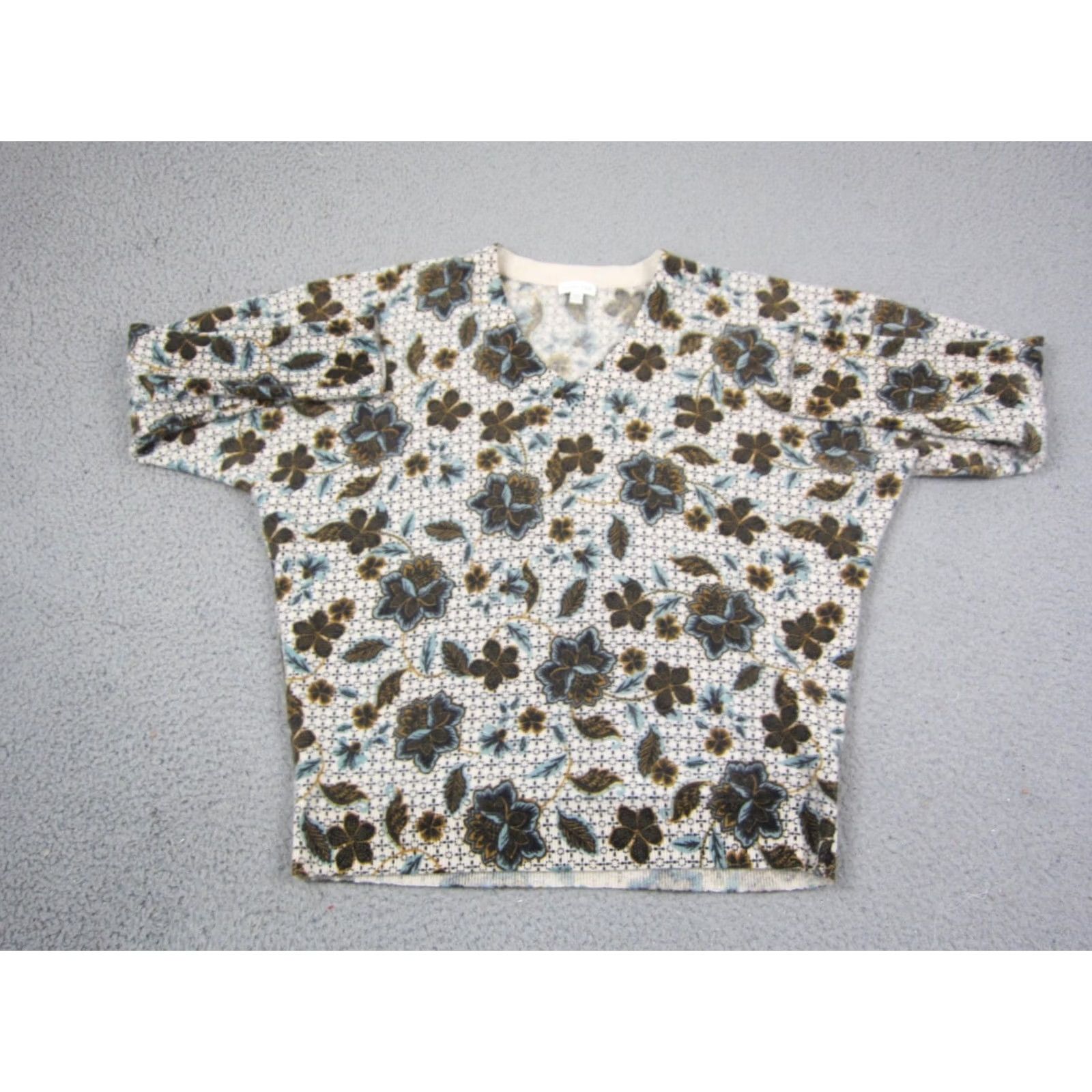 Vintage Garnet Hill Sweater Womens Large Creme Black Floral 100% Cashmere Ladies V-Neck Pull​over Long Sleeve Dolman Pattern Floral Casual/Workwear Size L / US 10 / IT 46 - 2 Thumbnail