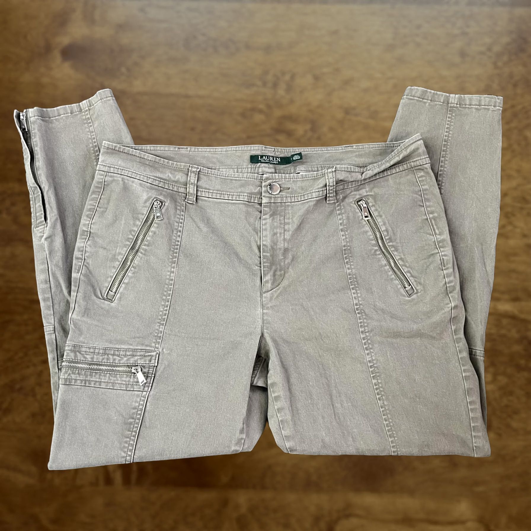 Ralph Lauren Lauren Ralph Lauren Pants Womens 14 Beige Cargo Twill Ankle Zip Tapered Stretch Size 36" / US 14 / IT 50 - 1 Thumbnail