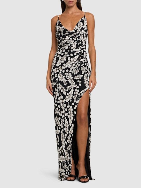 Balmain o1s1wg111025 Draped Printed Crepe Maxi Dress in Black Size M / US 6-8 / IT 42-44 - 2 Thumbnail